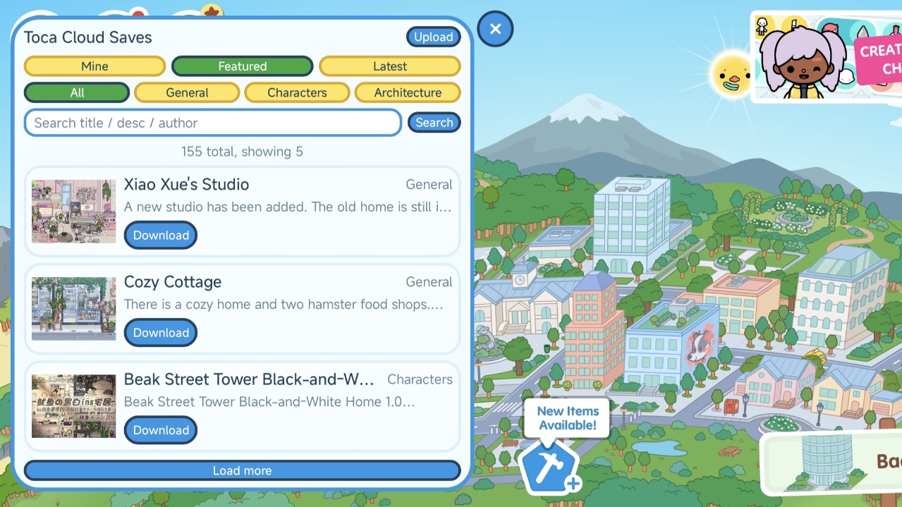 Layar Toca Cloud Saves di Toca Boca World