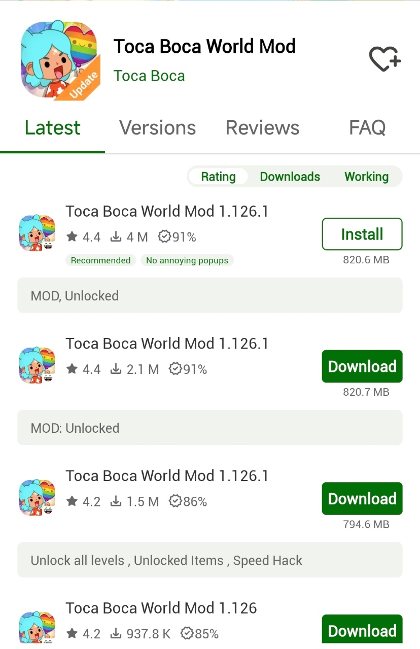 Toca Boca World di HappyMod klasik dengan versi lama