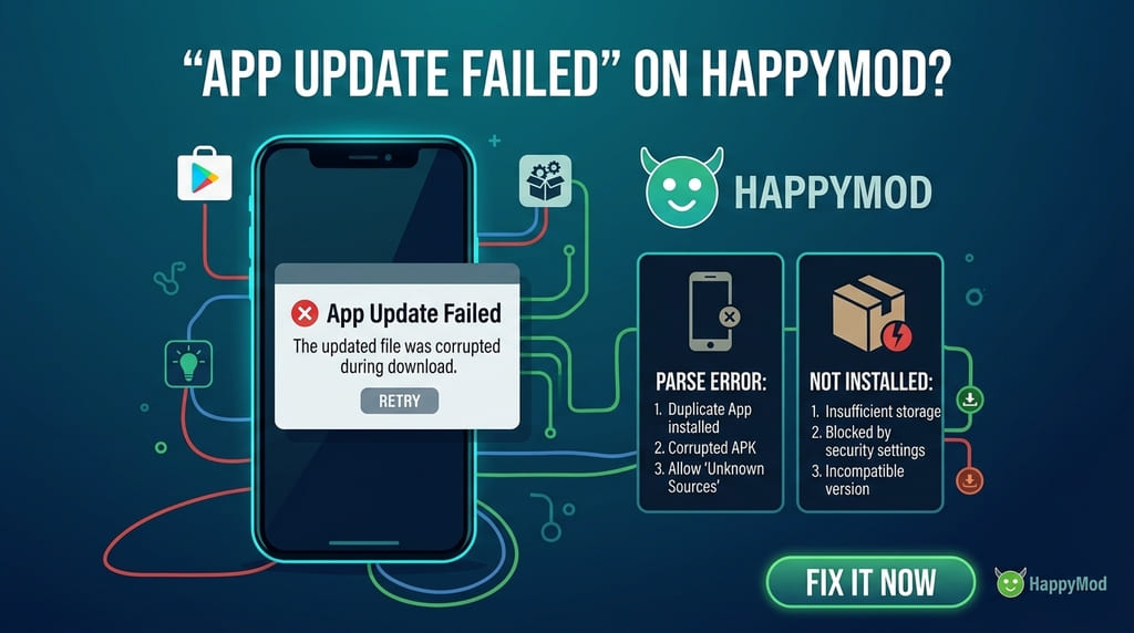 Fixing HappyMod mod app update and signature errors
