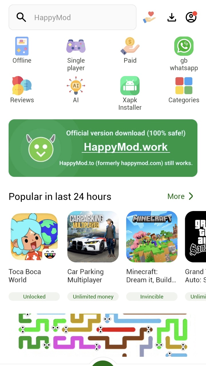 New HappyMod home with shortcuts and popular apps