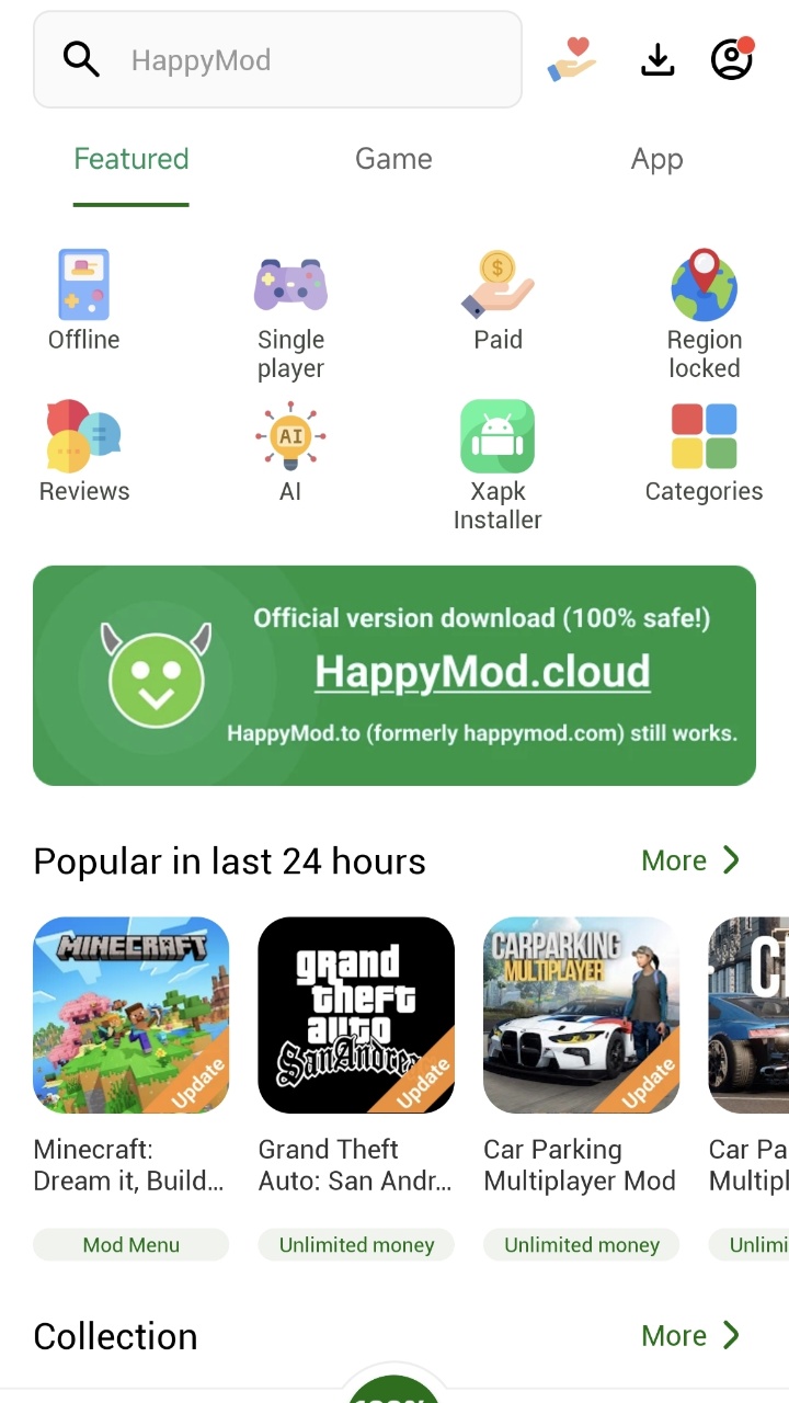 Old HappyMod home with Featured, Game and App tabs