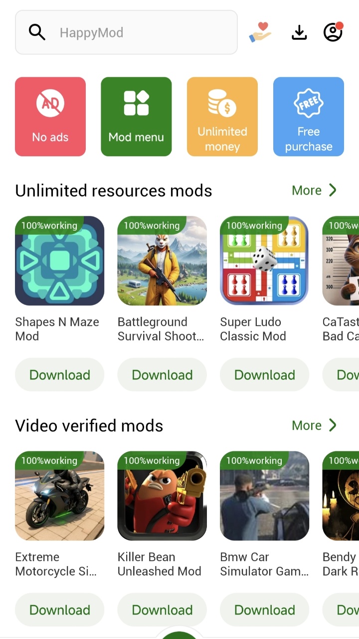 Old HappyMod recommended game mod categories